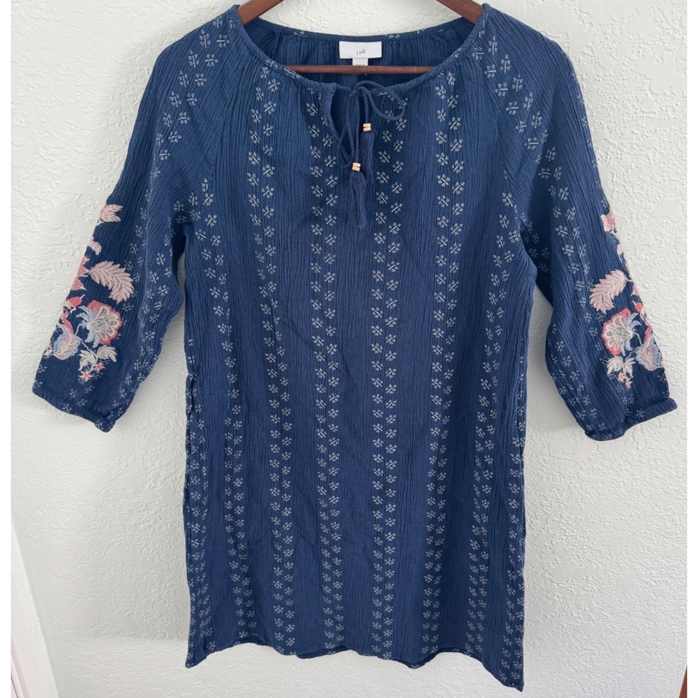 J. Jill Blue Gauze Embroidered Tunic Dress Boho Tassel Tie Resortwear Size Small